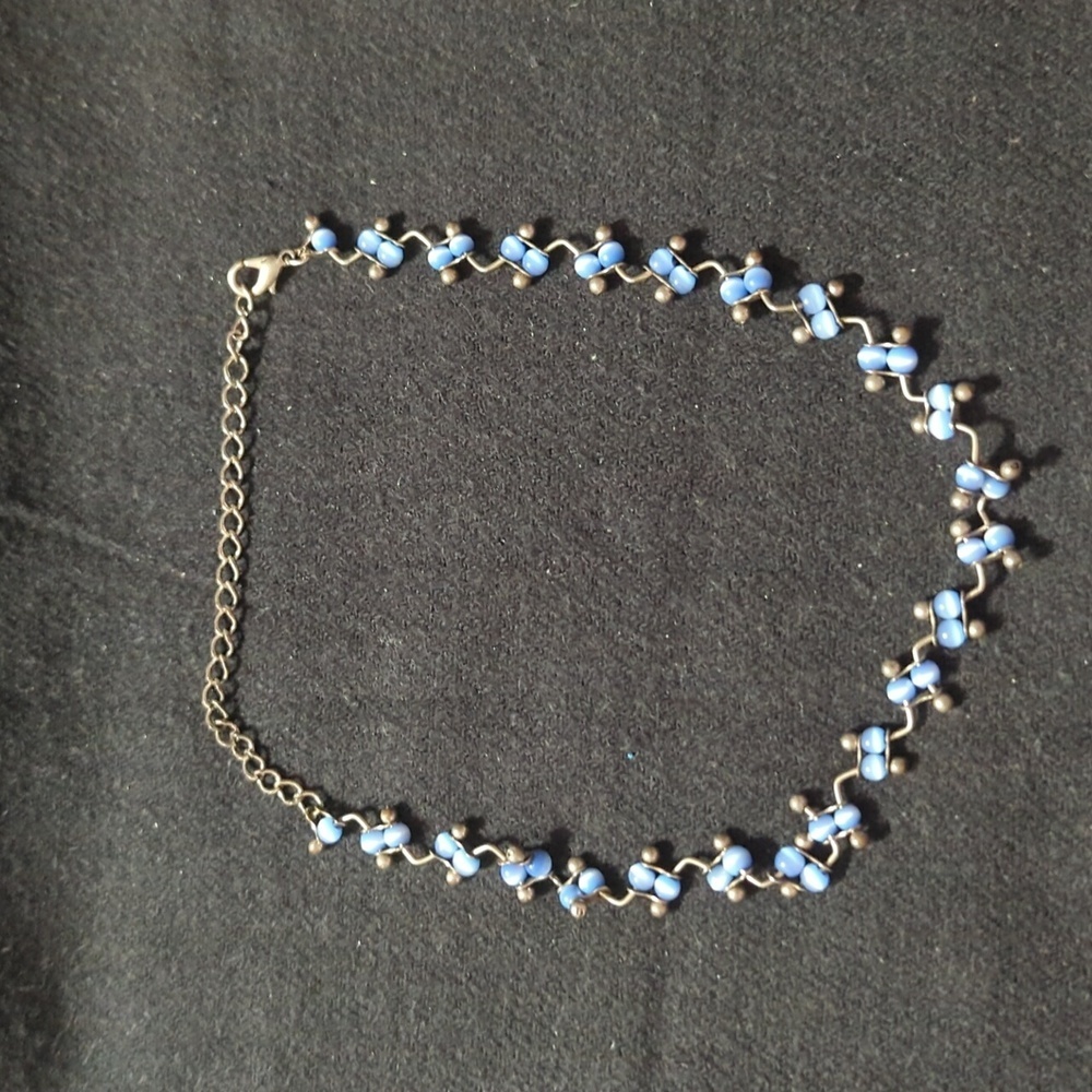 Silver Tone Ball and Bar Chain with Blue Beads Choker Statement Necklace